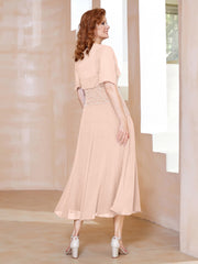 Robe à Encolure Carrée en Mousseline Longueur de Mollet avec Perles Rose Perle