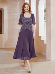 Robe à Encolure Carrée en Mousseline Longueur de Mollet avec Perles Plum