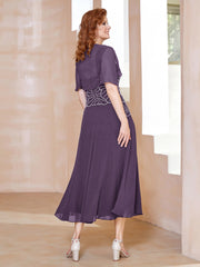 Robe à Encolure Carrée en Mousseline Longueur de Mollet avec Perles Plum Grande Taille