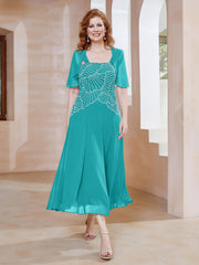 Robe à Encolure Carrée en Mousseline Longueur de Mollet avec Perles Piscine