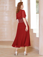 Robe à Encolure Carrée en Mousseline Longueur de Mollet avec Perles Rouge