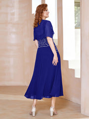 Robe à Encolure Carrée en Mousseline Longueur de Mollet avec Perles Bleu Royale Grande Taille