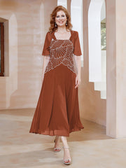 Robe à Encolure Carrée en Mousseline Longueur de Mollet avec Perles Rouille Grande Taille