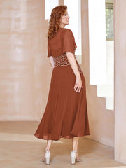 Robe à Encolure Carrée en Mousseline Longueur de Mollet avec Perles Rouille