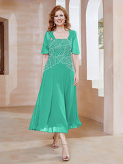 Robe à Encolure Carrée en Mousseline Longueur de Mollet avec Perles Spa Grande Taille
