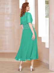 Robe à Encolure Carrée en Mousseline Longueur de Mollet avec Perles Spa Grande Taille