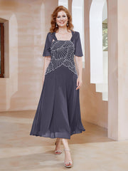 Robe à Encolure Carrée en Mousseline Longueur de Mollet avec Perles Orageux Grande Taille