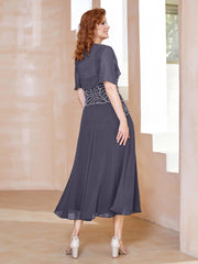 Robe à Encolure Carrée en Mousseline Longueur de Mollet avec Perles Orageux Grande Taille