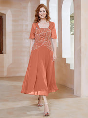 Robe à Encolure Carrée en Mousseline Longueur de Mollet avec Perles Crépuscule Grande Taille
