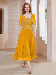 Robe à Encolure Carrée en Mousseline Longueur de Mollet avec Perles Mandarine