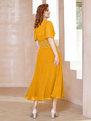 Robe à Encolure Carrée en Mousseline Longueur de Mollet avec Perles Mandarine Grande Taille