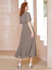 Robe à Encolure Carrée en Mousseline Longueur de Mollet avec Perles Taupe Grande Taille