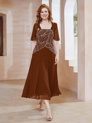 Robe à Encolure Carrée en Mousseline Longueur de Mollet avec Perles Terracotta