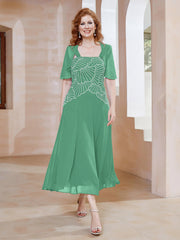 Robe à Encolure Carrée en Mousseline Longueur de Mollet avec Perles Turquoise