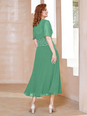 Robe à Encolure Carrée en Mousseline Longueur de Mollet avec Perles Turquoise