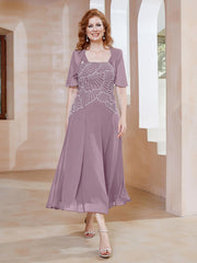 Robe à Encolure Carrée en Mousseline Longueur de Mollet avec Perles Vintage Mauve