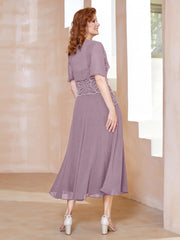 Robe à Encolure Carrée en Mousseline Longueur de Mollet avec Perles Vintage Mauve