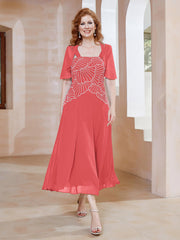 Robe à Encolure Carrée en Mousseline Longueur de Mollet avec Perles Pastèque Grande Taille