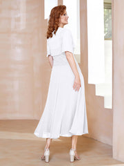 Robe à Encolure Carrée en Mousseline Longueur de Mollet avec Perles Blanc