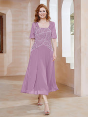 Robe à Encolure Carrée en Mousseline Longueur de Mollet avec Perles Glycine