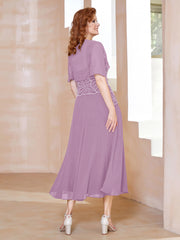 Robe à Encolure Carrée en Mousseline Longueur de Mollet avec Perles Glycine