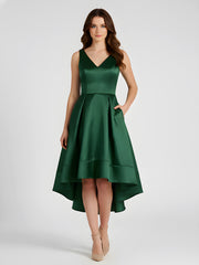 Col en V Satin Asymétrique Robes Demoiselle d'honneure Vert Foncé