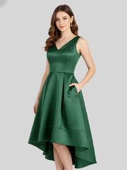 Col en V Satin Asymétrique Robes Demoiselle d'honneure Vert Foncé