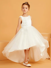 Robe de Fille Longue en Tulle/Satin à Col en Scoop avec Motif Floral 3D