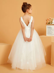Robe de Fille Longue en Tulle/Satin à Col en Scoop avec Motif Floral 3D