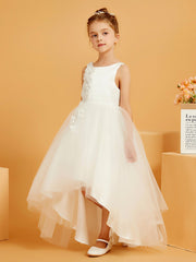 Robe de Fille Longue en Tulle/Satin à Col en Scoop avec Motif Floral 3D