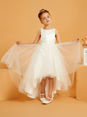 Robe de Fille Longue en Tulle/Satin à Col en Scoop avec Motif Floral 3D