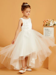 Robe de Fille Longue en Tulle/Satin à Col en Scoop avec Motif Floral 3D