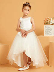 Robe de Fille Longue en Tulle/Satin à Col en Scoop avec Motif Floral 3D