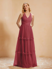 Robe de A-ligne Plissée en Tulle Longueur au Sol Cannelle Rose Grande Taille