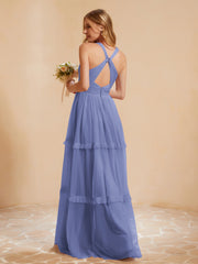 Robe de A-ligne Plissée en Tulle Longueur au Sol Pervenche Grande Taille