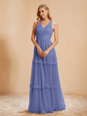 Robe de A-ligne Plissée en Tulle Longueur au Sol Pervenche Grande Taille