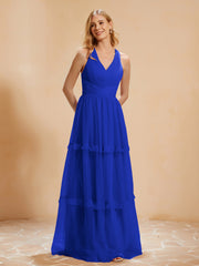 Robe de A-ligne Plissée en Tulle Longueur au Sol Bleu Royale