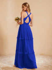 Robe de A-ligne Plissée en Tulle Longueur au Sol Bleu Royale