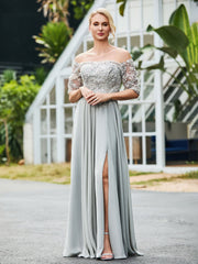 Robe Appliquée Florale en Dentelle et Paillettes Argent