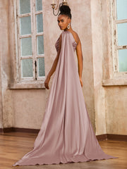 Robe Longue À Épaule Dénudée Avec Ribbons Rose Poudré