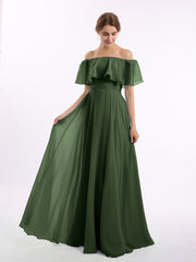 Hors De l'Épaule Mousseline Longueur Complète Robe Olive Verte