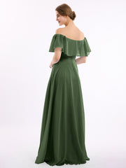Hors De l'Épaule Mousseline Longueur Complète Robe Olive Verte