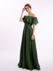 Hors De l'Épaule Mousseline Longueur Complète Robe Olive Verte