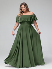 Hors De l'Épaule Mousseline Longueur Complète Robe Olive Verte Grande Taille