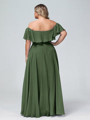 Hors De l'Épaule Mousseline Longueur Complète Robe Olive Verte Grande Taille