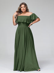 Hors De l'Épaule Mousseline Longueur Complète Robe Olive Verte Grande Taille