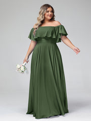 Hors De l'Épaule Mousseline Longueur Complète Robe Olive Verte Grande Taille