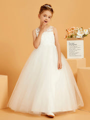 Robe de Fille Ball-Gown en Dentelle avec Appliques à Col en Illusion