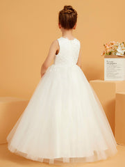 Robe de Fille Ball-Gown en Dentelle avec Appliques à Col en Illusion
