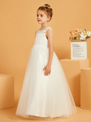 Robe de Fille Ball-Gown en Dentelle avec Appliques à Col en Illusion
